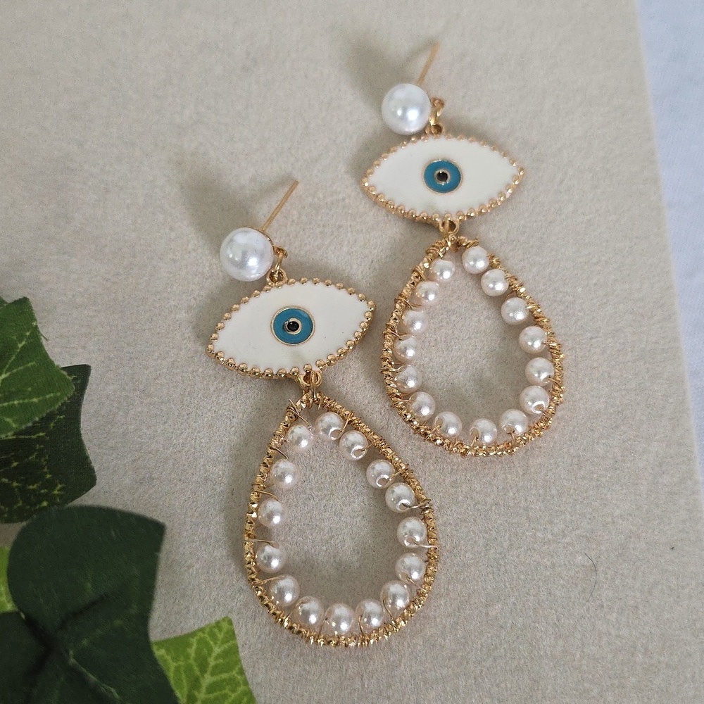 Gold Drop Earrings White Enamel Evil Eye